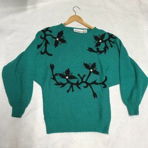 vtg Donagain Womens large Sweater green Poinsettia Long Sleeve holidays L floral